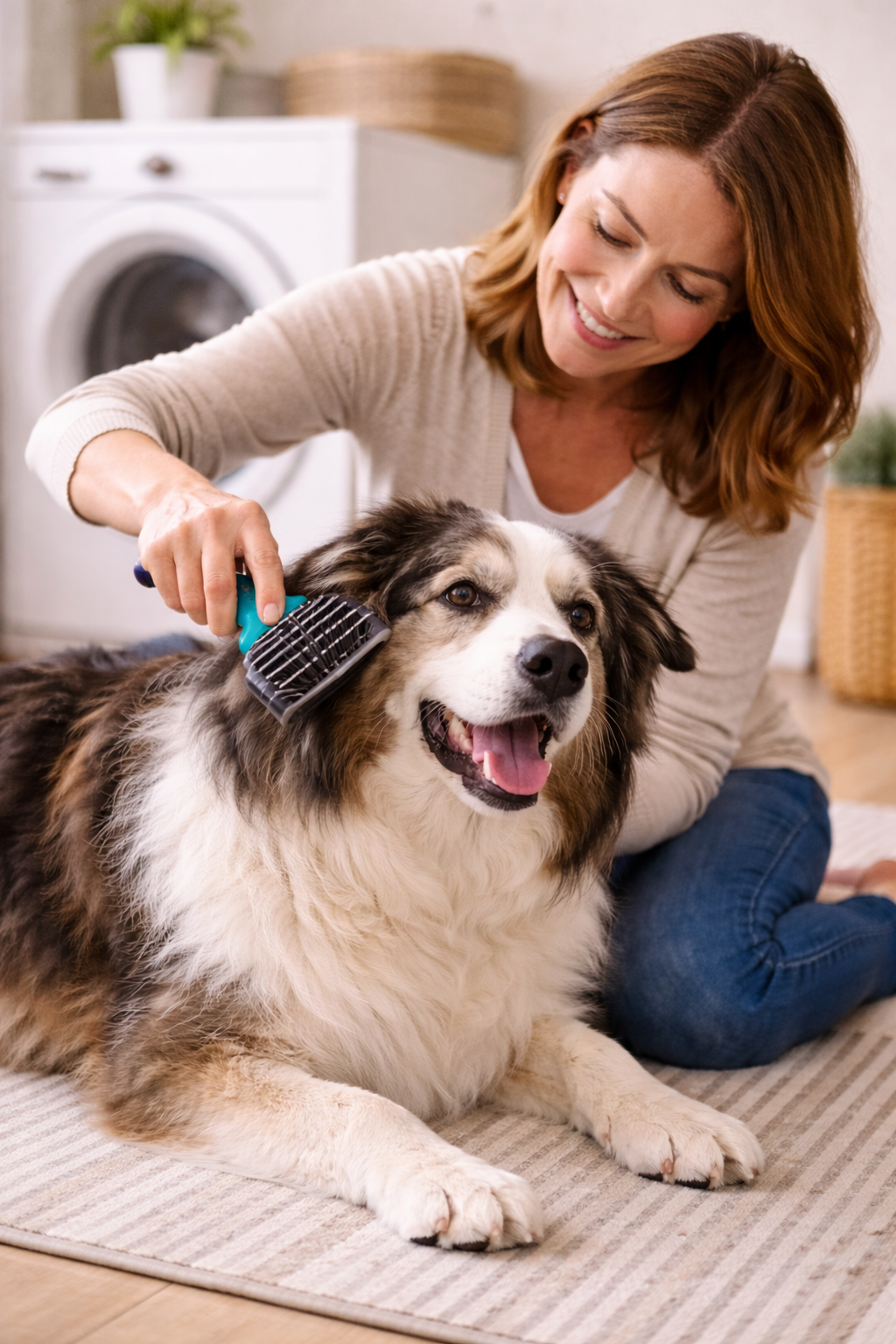 propriétaire brossant un chien senior à la maison pour son hygiène et son confort