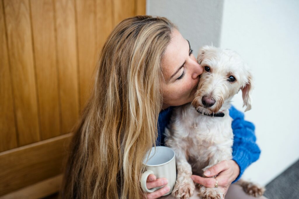 propriétaire avec son chien senior dans un moment de complicité