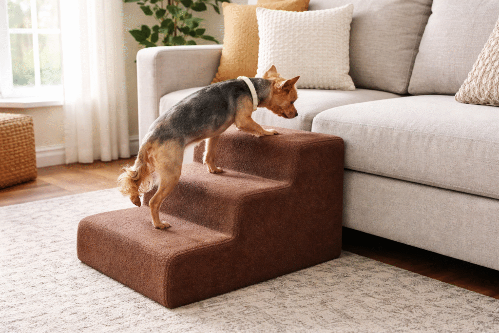 Chien utilisant un escalier pour accéder au canapé afin de préserver ses articulations