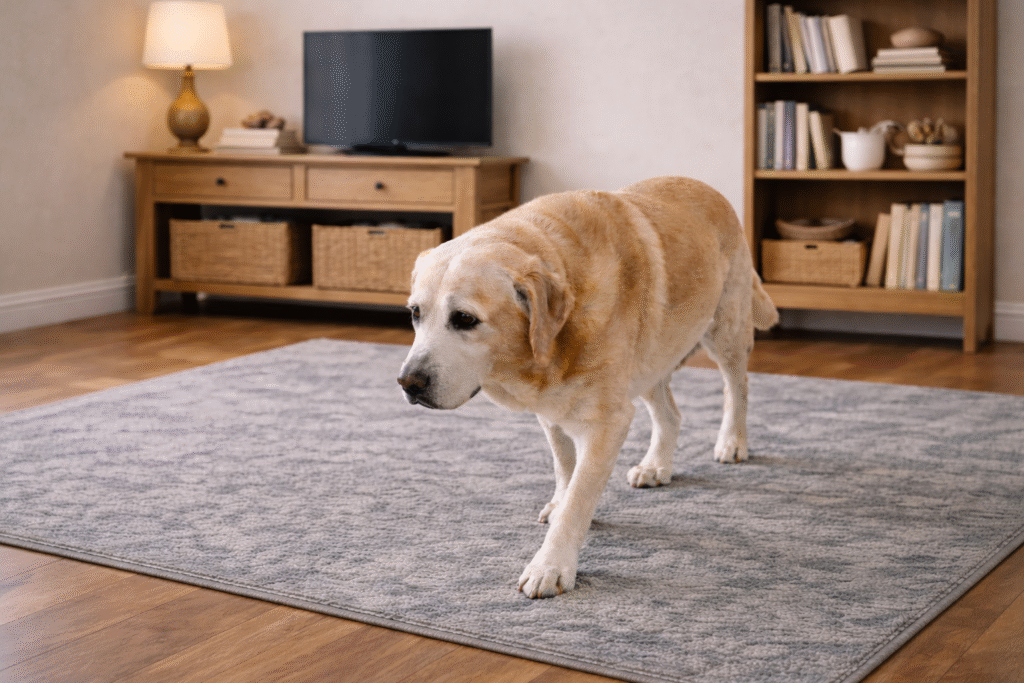 chien senior marchant sur un tapis antidérapant dans un salon